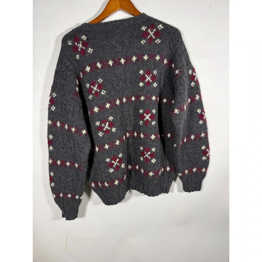 John Ashford Sport Mens Gray Fair Isle Shetland Wool Hand Knitted Sweater Medium